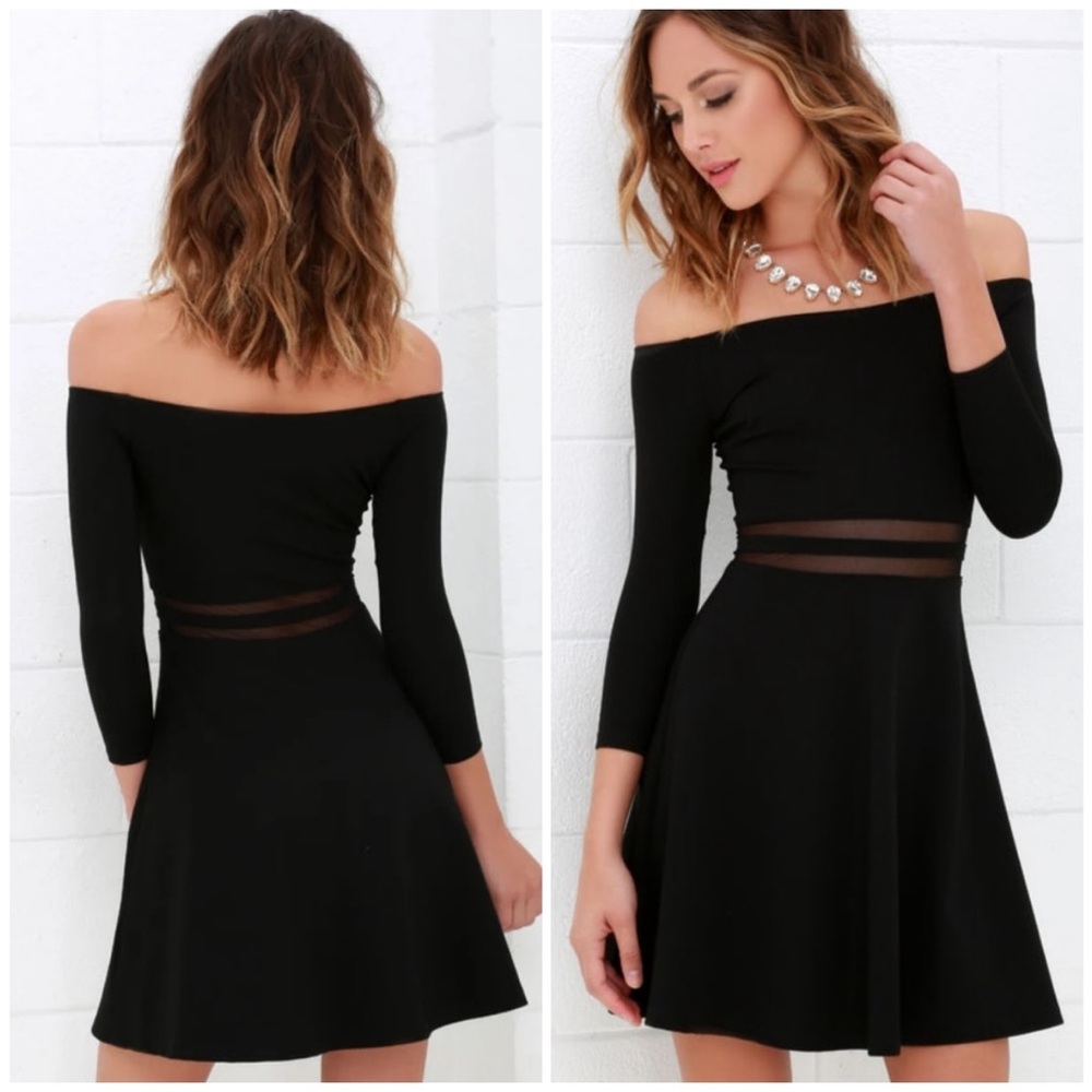 Lulu's Dress Yes to the Mesh Skater Fit & Flare Black LBD Sexy Off the Shoulder